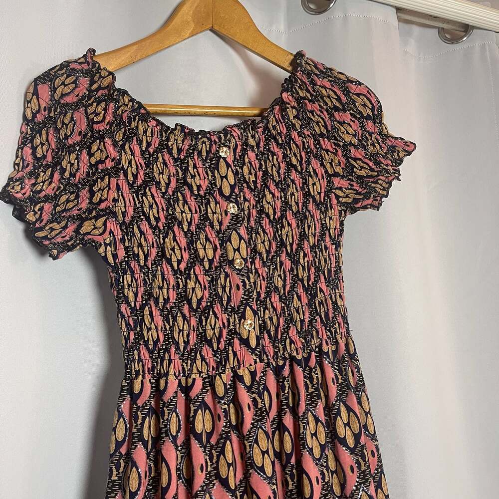 Seven Islands Women's Pink and Yellow Leaf Pattern Smocked Maxi Dress